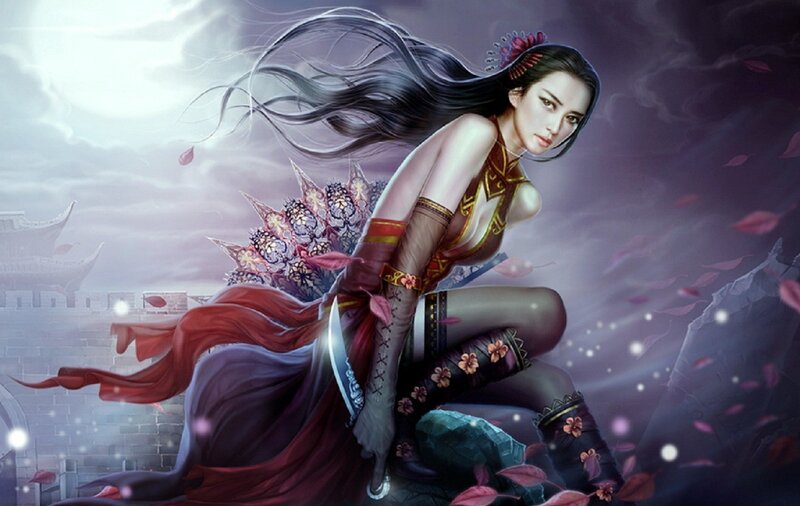 female warrior with flowing hair