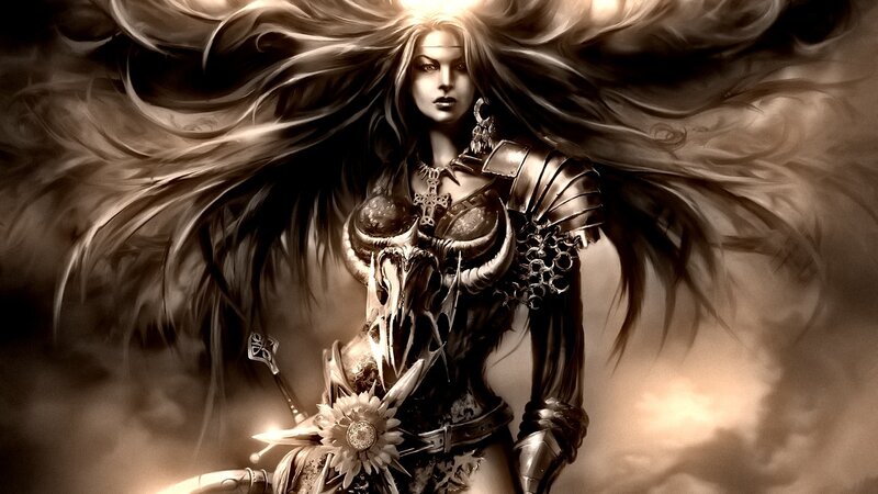 female warrior with flowing hair