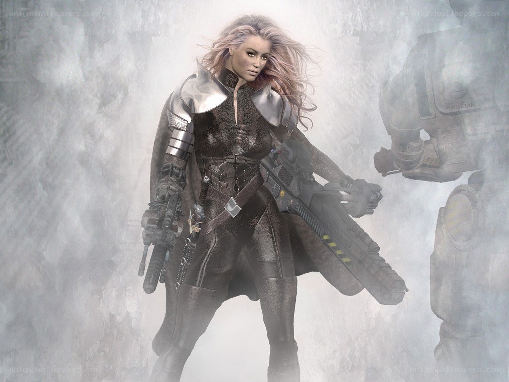 female warrior with futuristic weapons