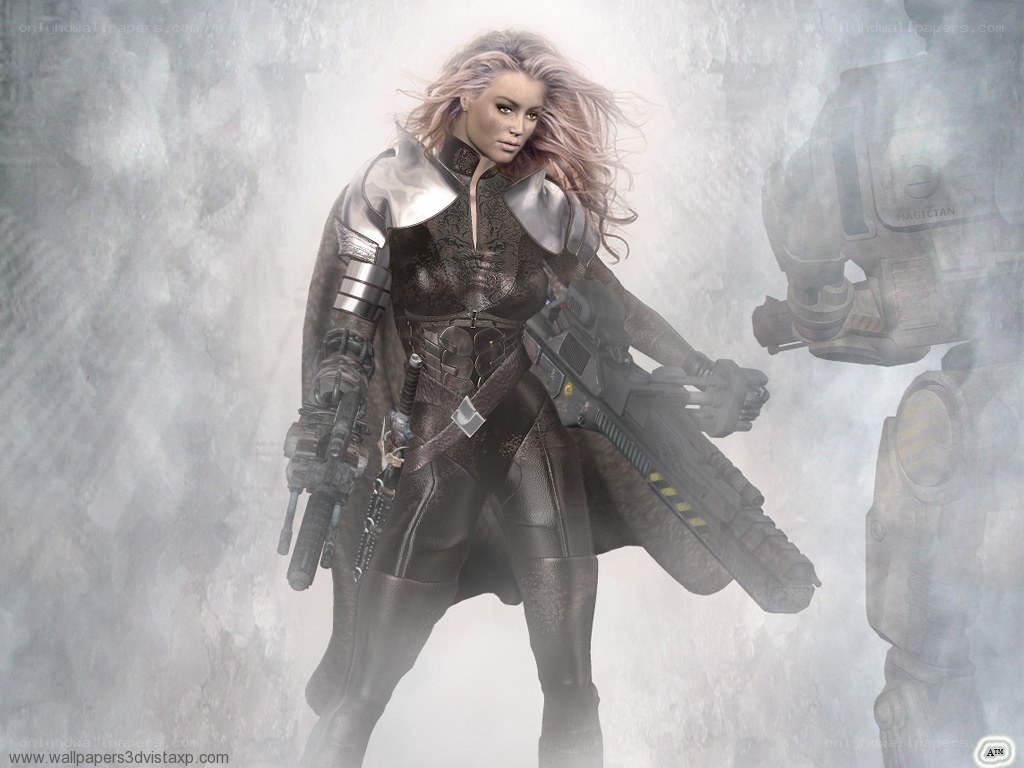 female warrior with futuristic weapons