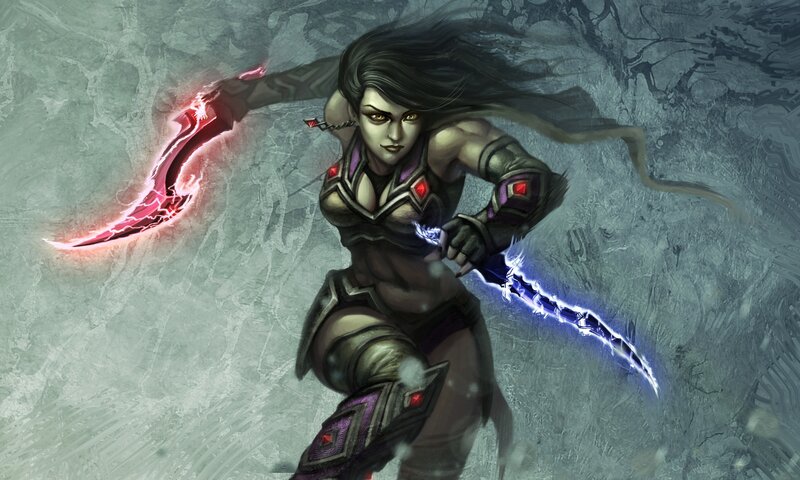 female warrior with glowing blades
