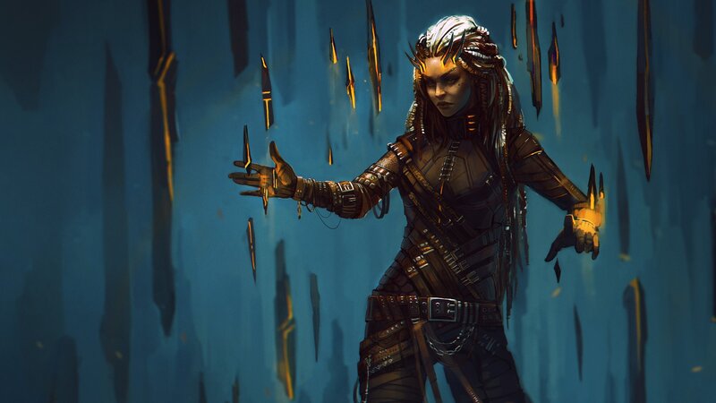 Female Warrior with Glowing Blades — Blue, Dramatic, Night, Digital Art