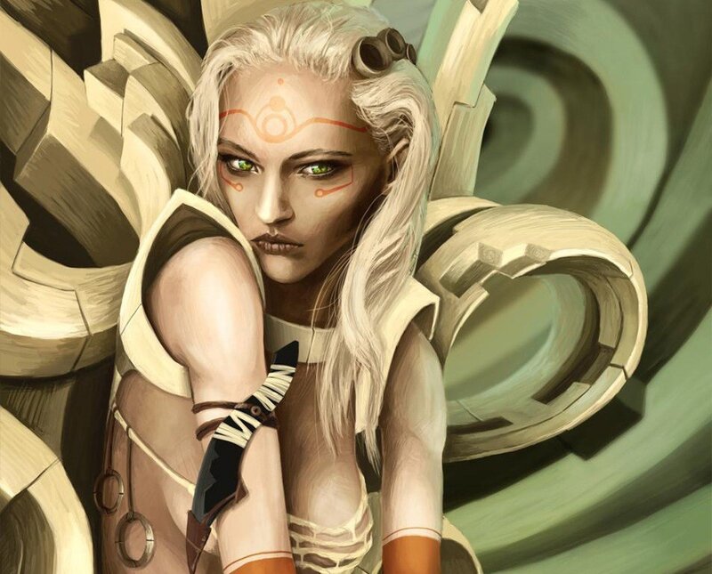 female warrior with glowing eyes