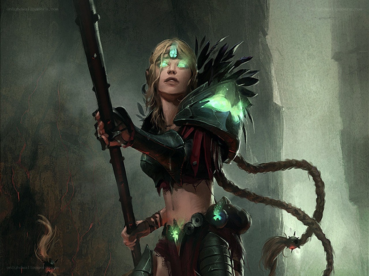 female warrior with glowing staff