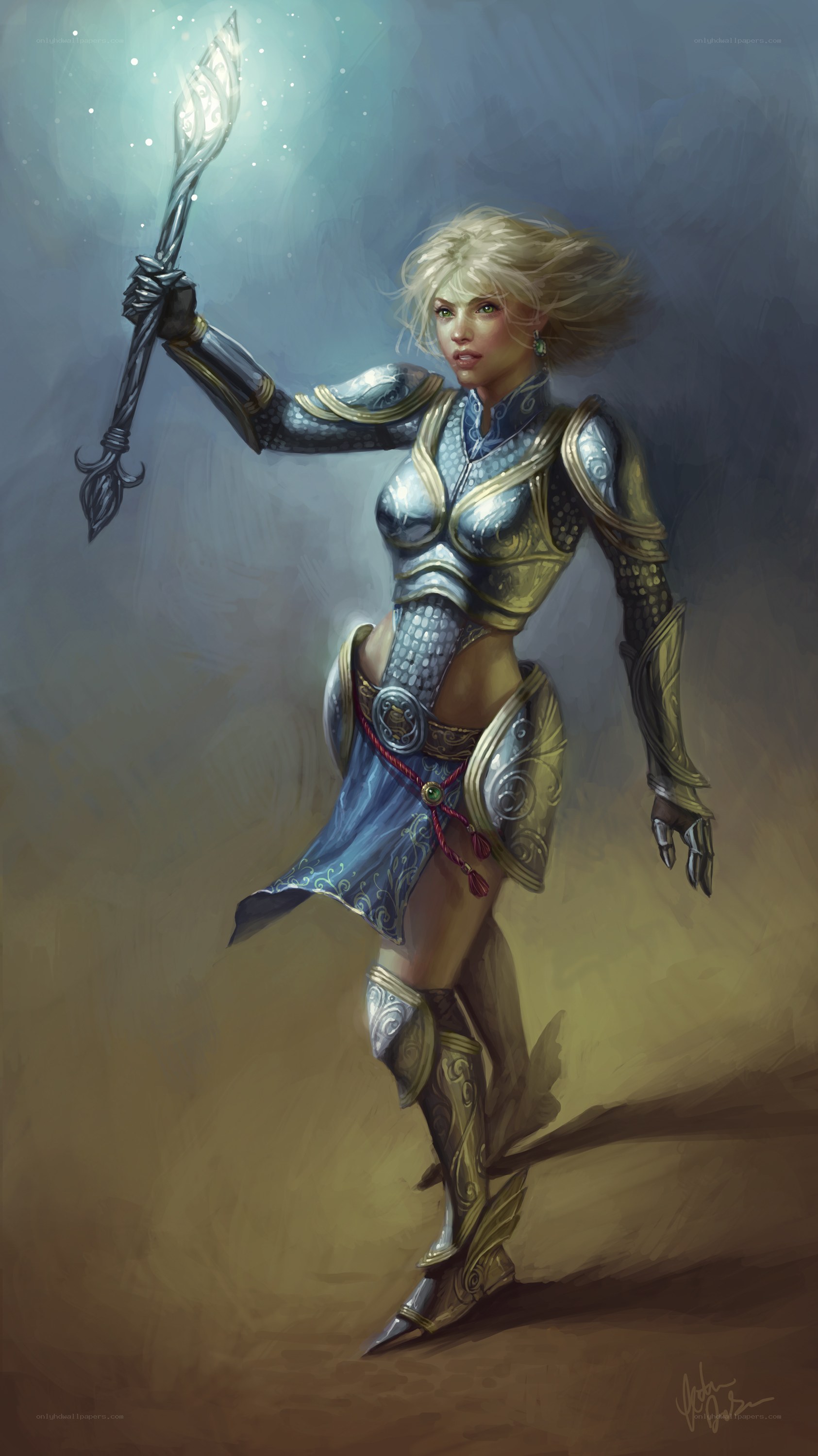 female warrior with glowing staff