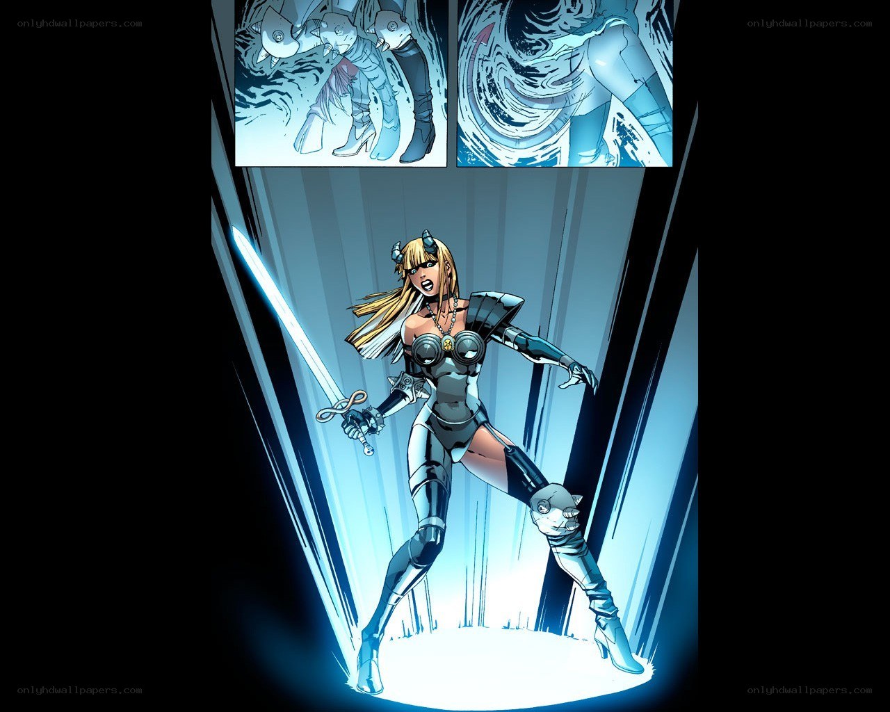 female warrior with glowing sword