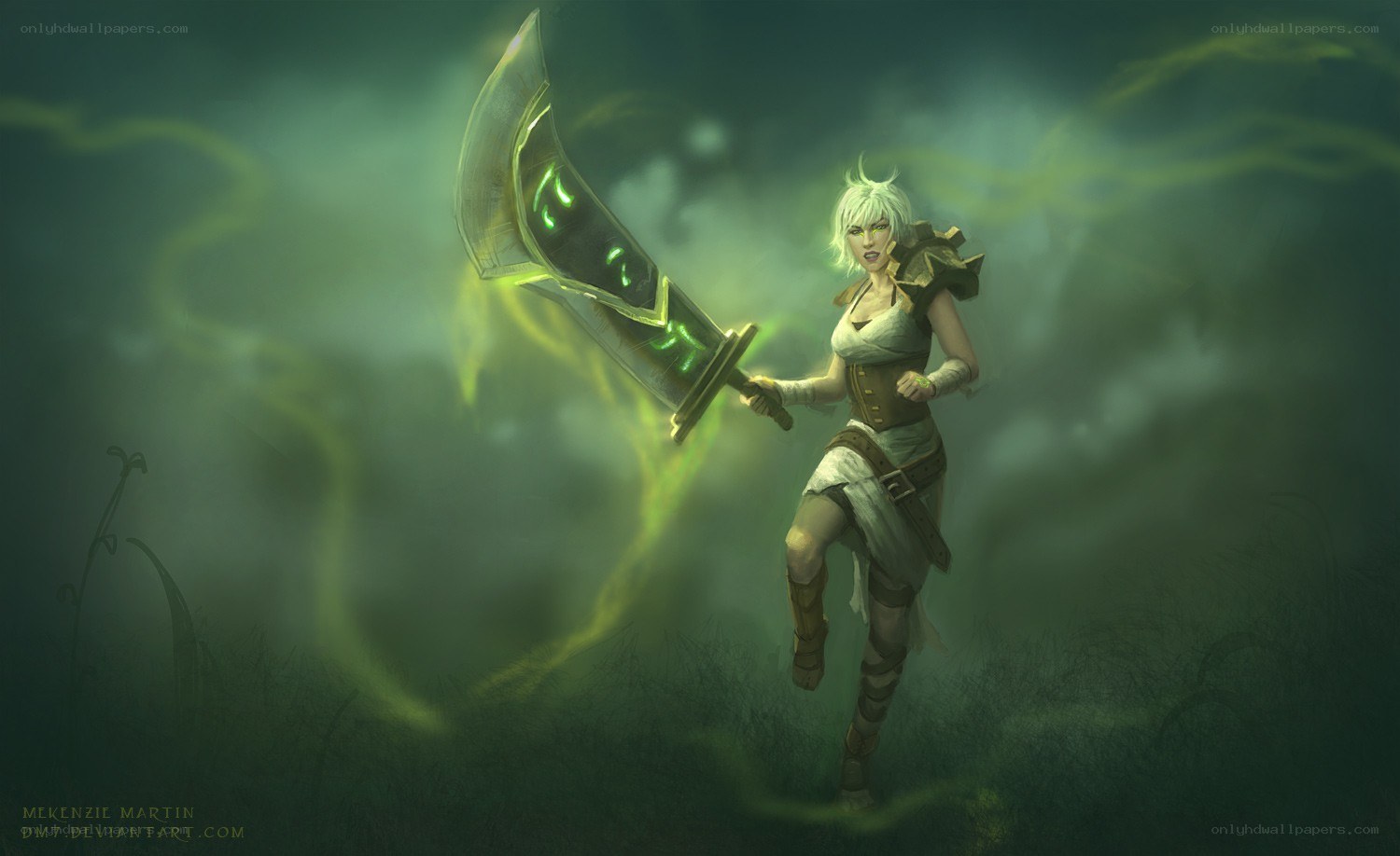 female warrior with glowing sword