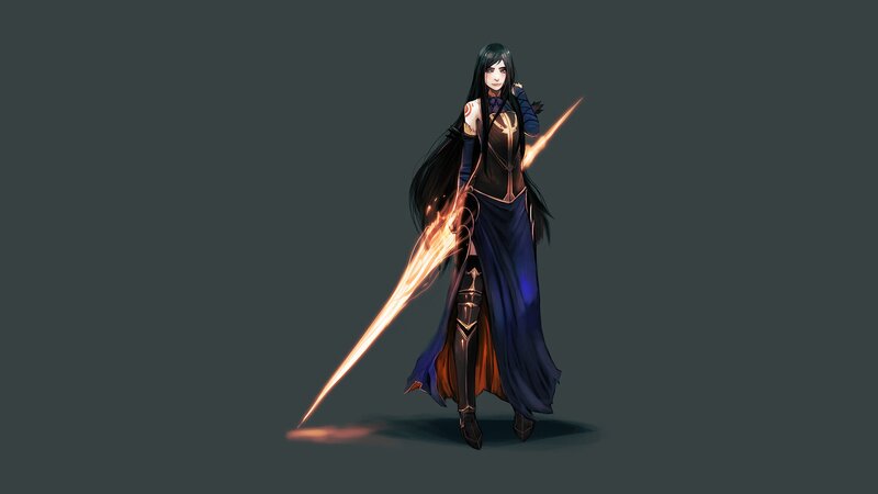 Female Warrior with Glowing Sword — Black, Dramatic, Digital Art, Cloak