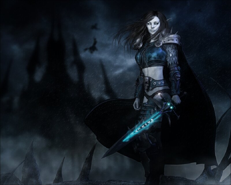 Female Warrior with Glowing Sword — Black