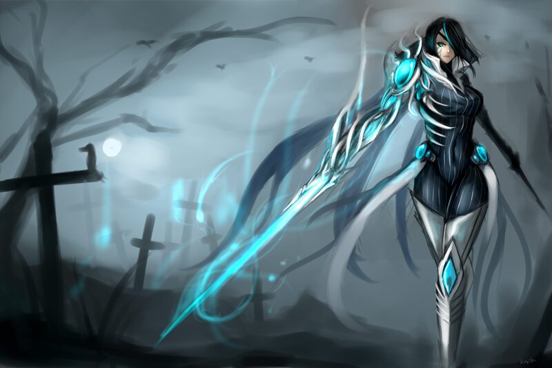 Female Warrior with Glowing Sword — Blue, Dramatic