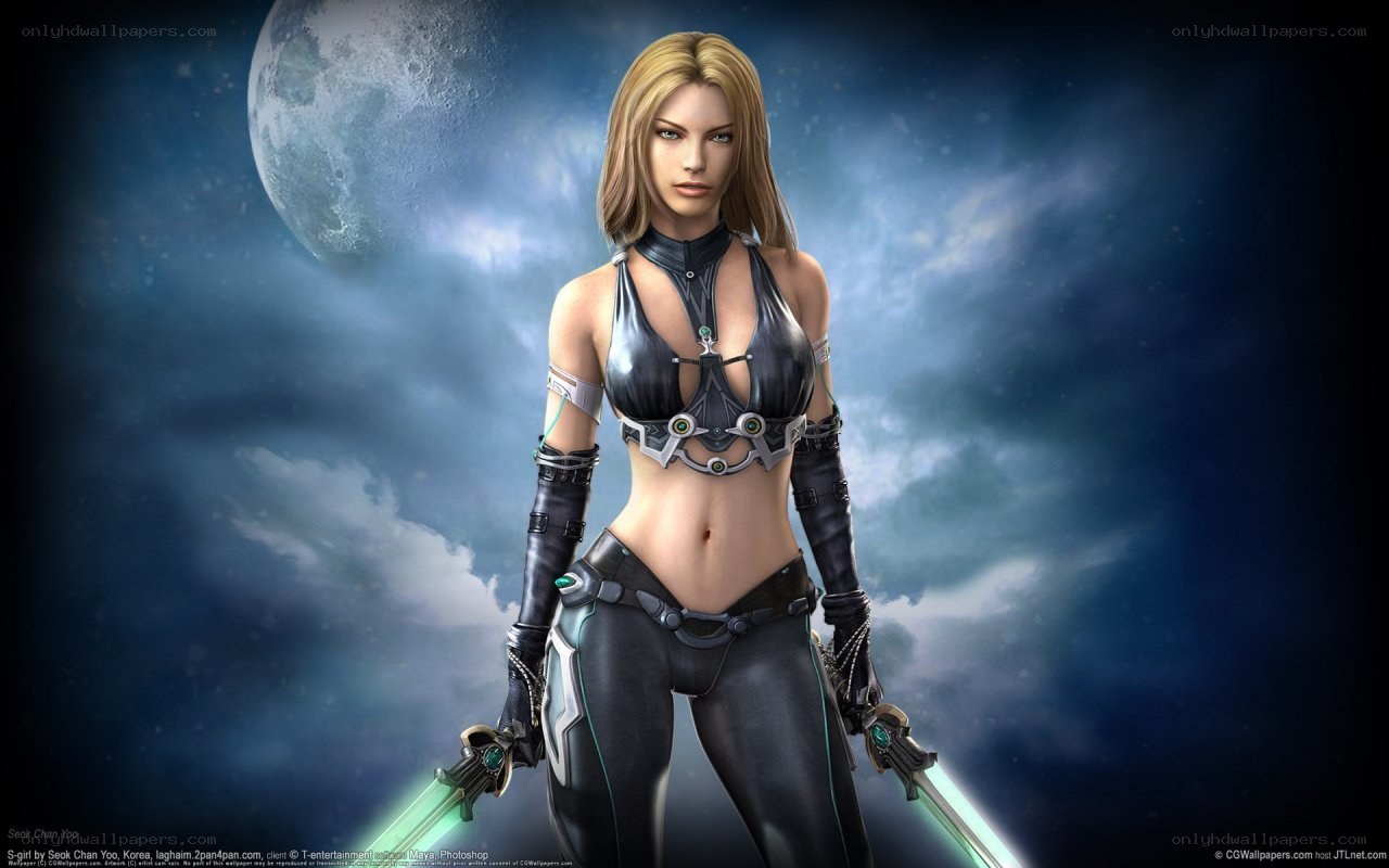 female warrior with glowing swords
