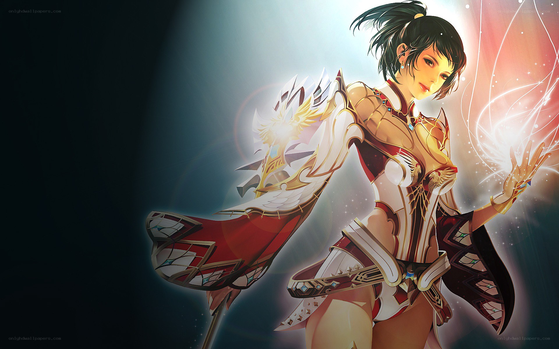female warrior with glowing weapon
