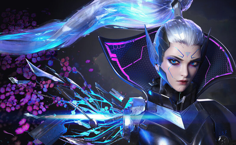 Female Warrior with Glowing Weapon — Blue