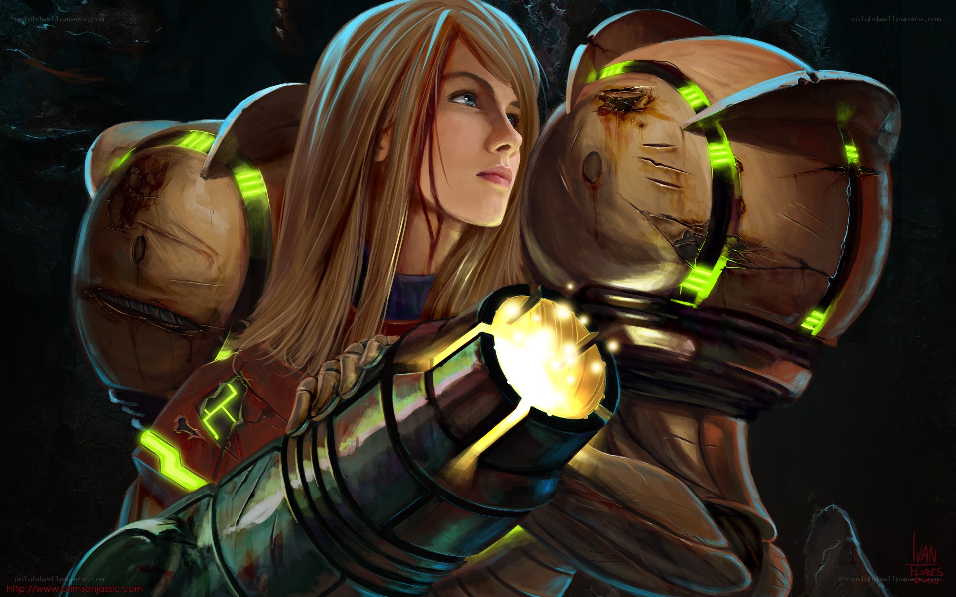 female warrior with glowing weapon