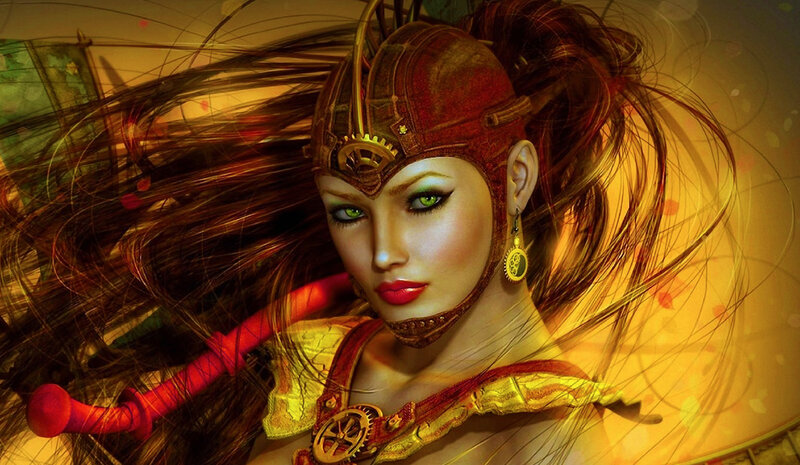 Female Warrior with Green Eyes — Red