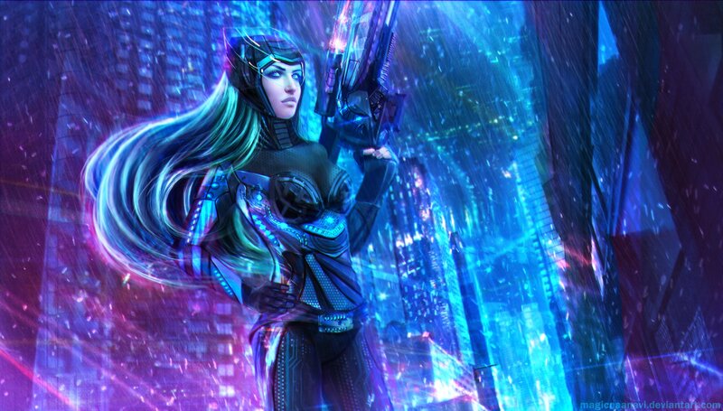 Female Warrior with Gun — Blue, Dramatic, Night