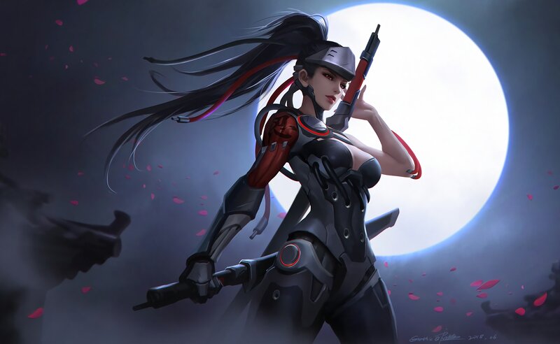 Female Warrior with Guns — Black, Dramatic, Night