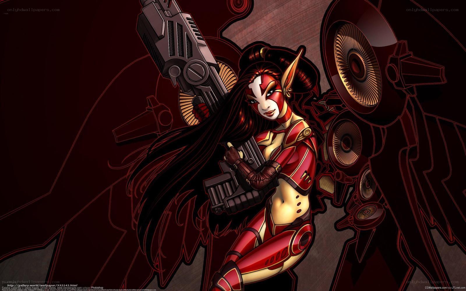 female warrior with guns