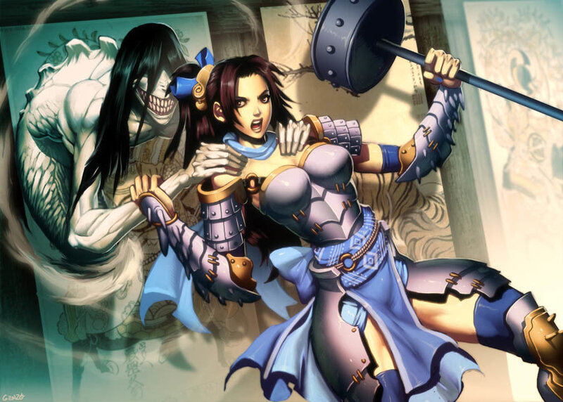 Female Warrior with Hammer — Blue
