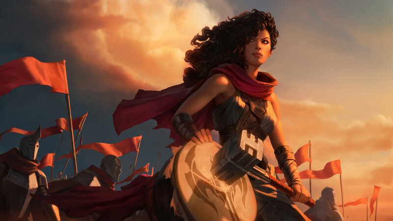 Female Warrior with Hammer — Red, Dramatic, Sunset