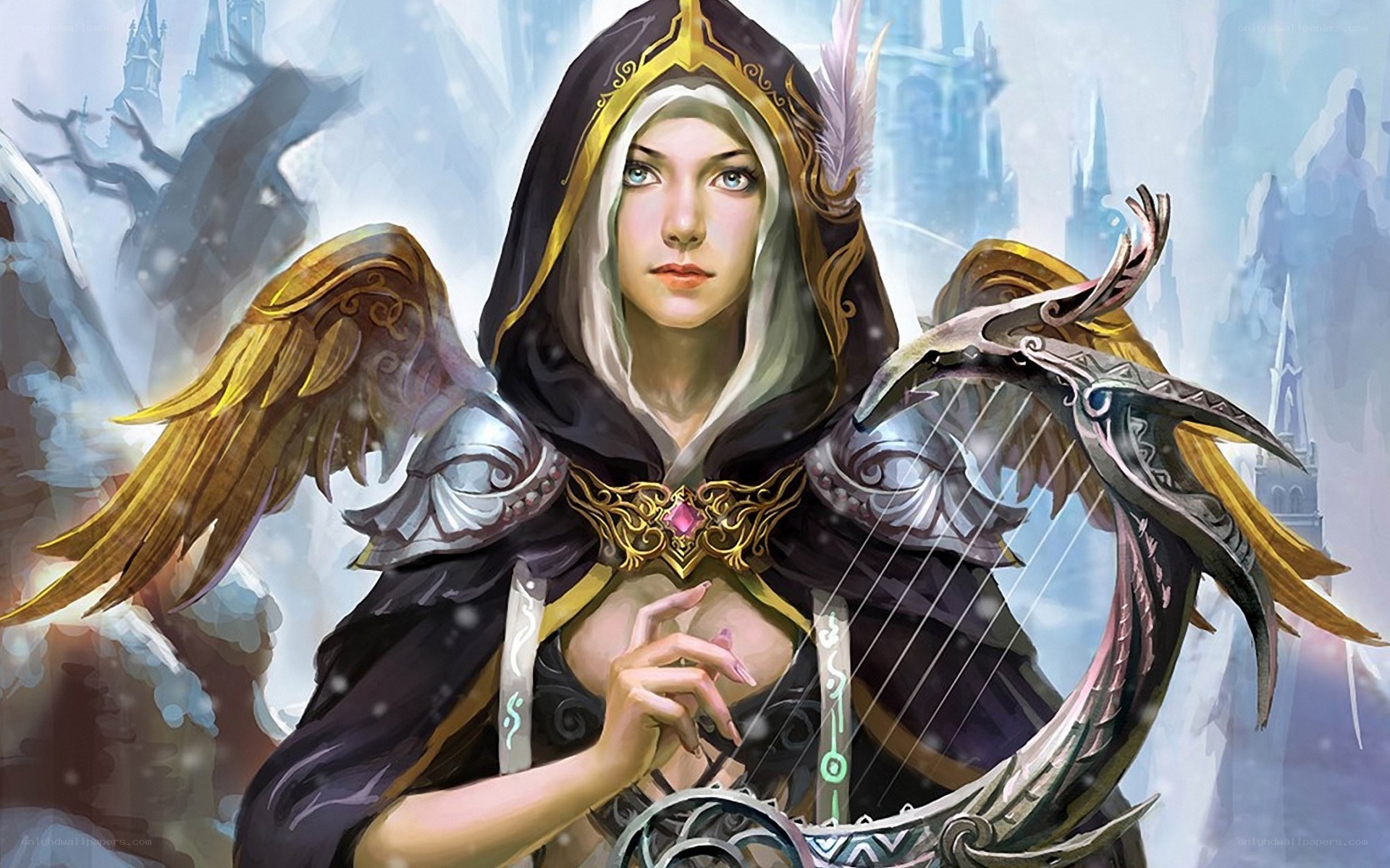 female warrior with harp