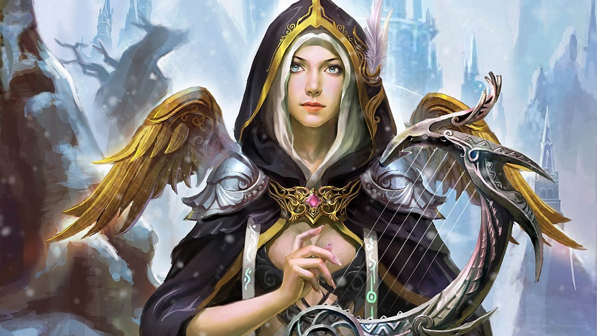 female warrior with harp