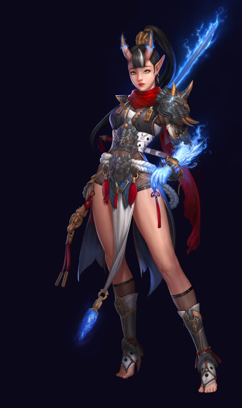 Female Warrior with Horns — Black, Dramatic, Night