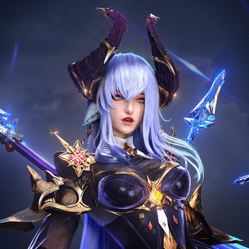 Female Warrior with Horns — Blue, Dramatic, Night, 3d Render