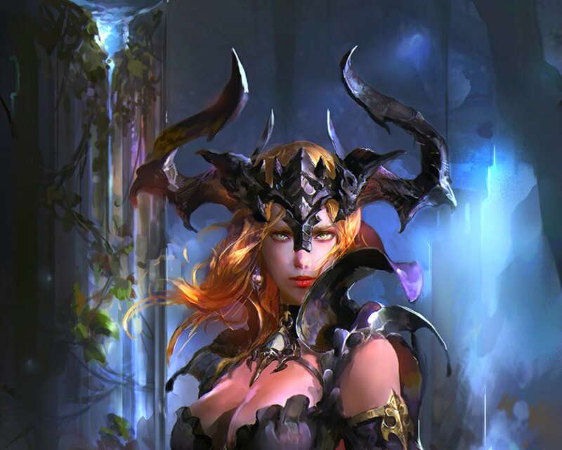 Female Warrior with Horns — Blue, Dramatic, Night