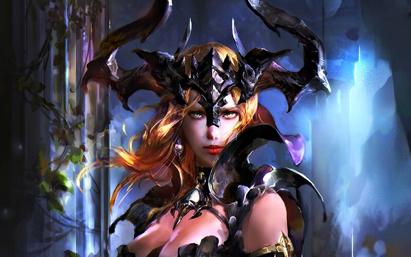 Female Warrior with Horns — Blue, Dramatic