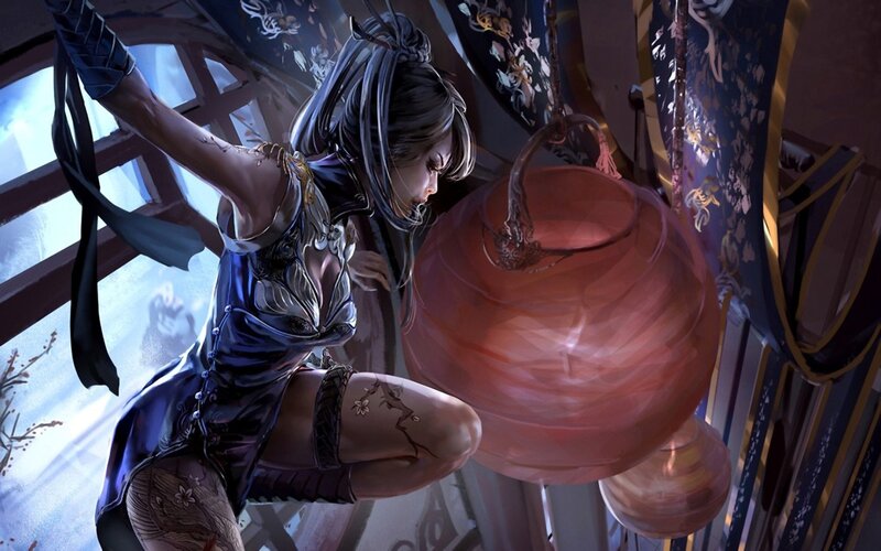 Female Warrior with Lantern — Blue, Dramatic, Night