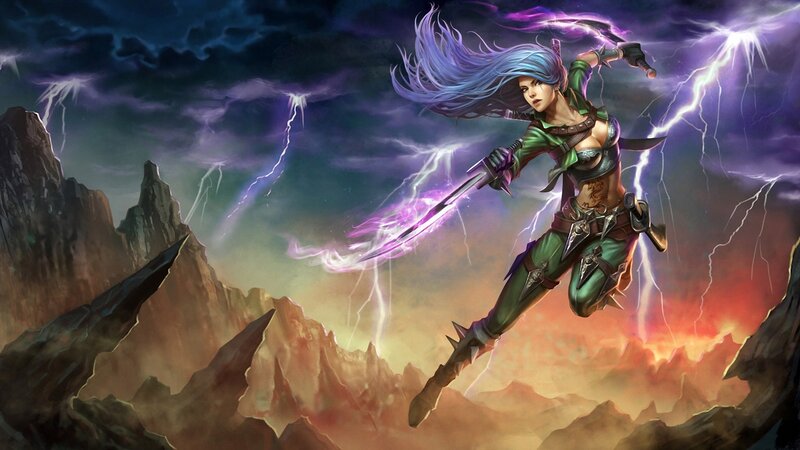 Female Warrior with Lightning — Purple, Dramatic, Night
