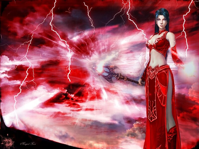female warrior with lightning staff