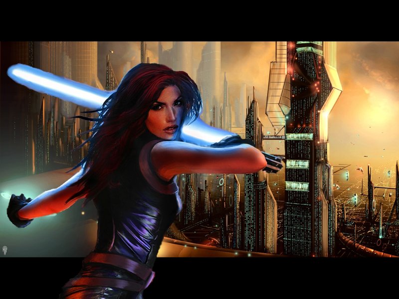 female warrior with lightsaber