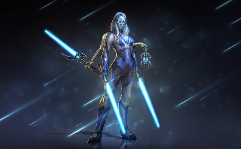 Female Warrior with Lightsabers — Blue, Dramatic, Night