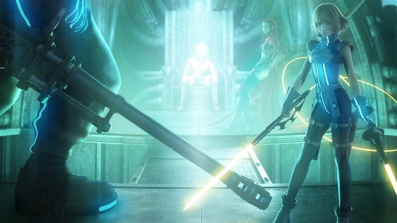 Female Warrior with Lightsabers — Blue, Dramatic
