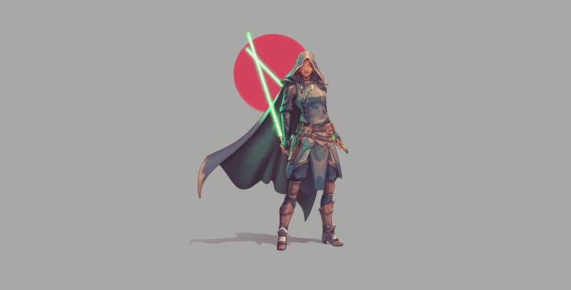 Female Warrior with Lightsabers — Gray