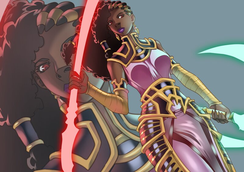 Female Warrior with Lightsabers — Purple, Dramatic, Digital Art