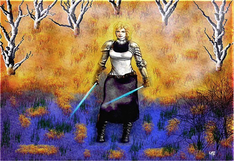 Female Warrior with Lightsabers — Purple