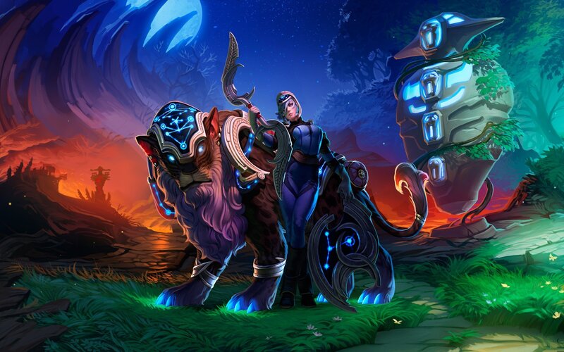 Female Warrior with Lion — Blue, Dramatic