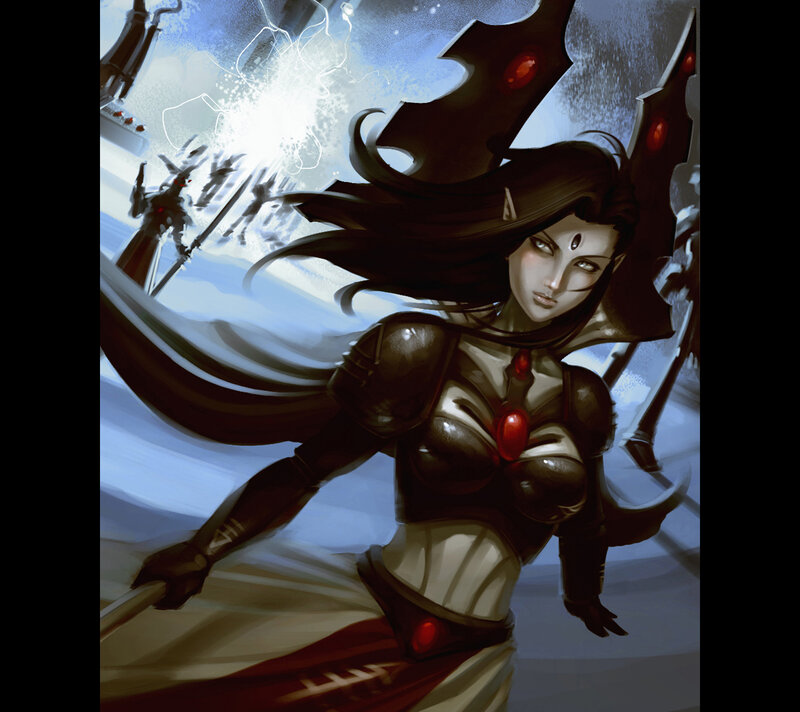 Female Warrior with Long Hair — Black, Dramatic, Digital Art