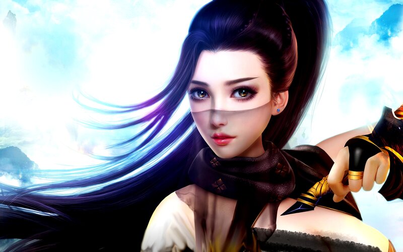Female Warrior with Long Hair — Blue, Dramatic, Digital Art, Sword