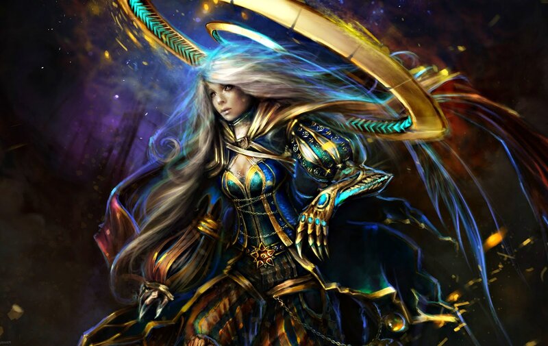 Female Warrior with Long Hair — Blue, Dramatic, Digital Art