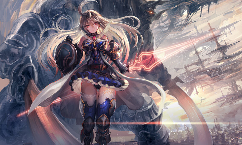 Female Warrior with Long Hair — Blue, Dramatic, Sunset