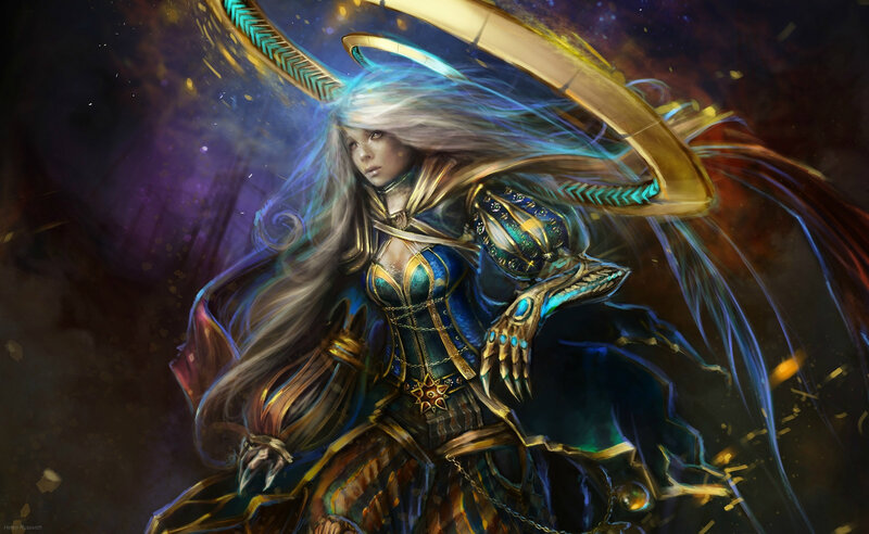 Female Warrior with Long Hair — Blue, Dramatic