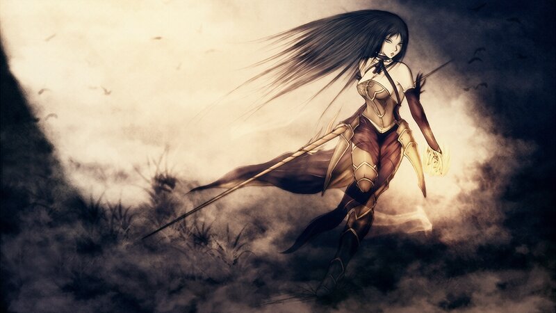 Female Warrior with Long Hair — Brown, Dramatic, Digital Art, Sword