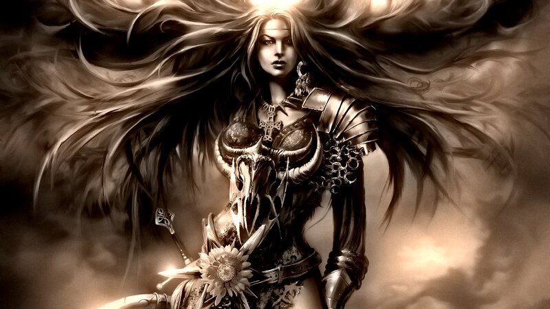 Female Warrior with Long Hair — Brown, Dramatic, Digital Art