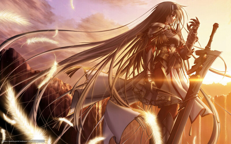 Female Warrior with Long Hair — Brown, Dramatic, Sunset, Anime, Sword, Armor