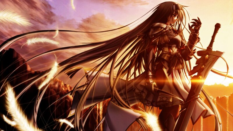 Female Warrior with Long Hair — Brown, Dramatic, Sunset, Anime, Sword