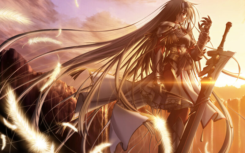 Female Warrior with Long Hair — Gold, Dramatic, Sunset, Anime, Sword, Armor, Feathers, Brown